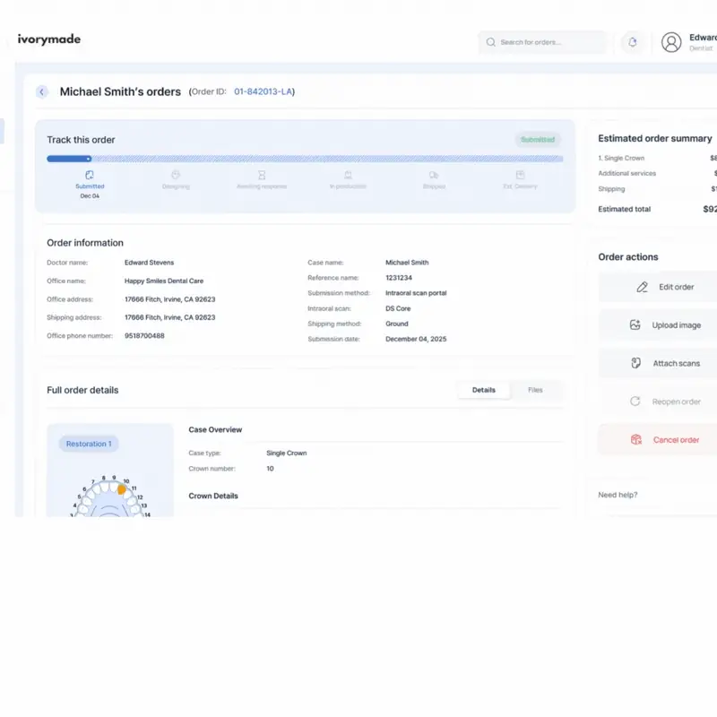 Ivorymade order tracking dashboard with case status and order details.