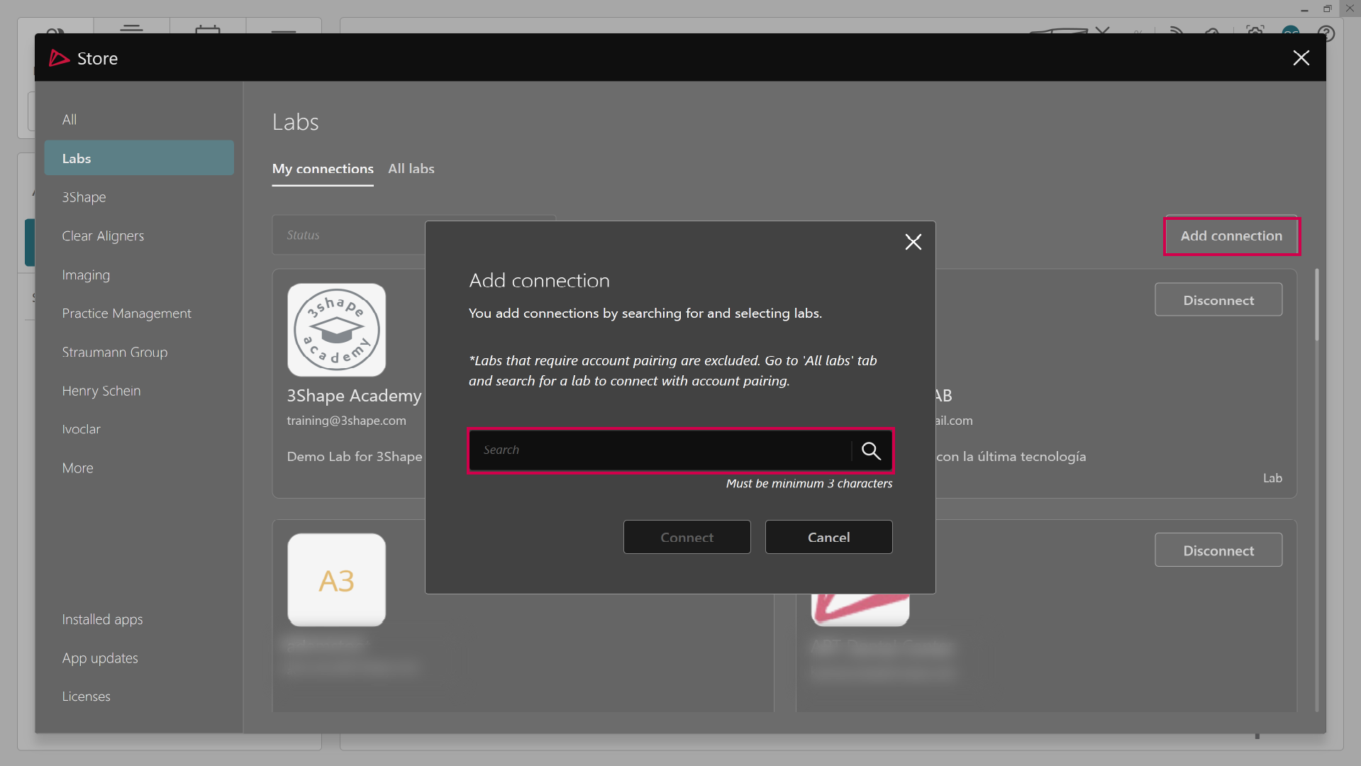 3Shape Unite Store with Labs selected and the Add connection search field highlighted.
