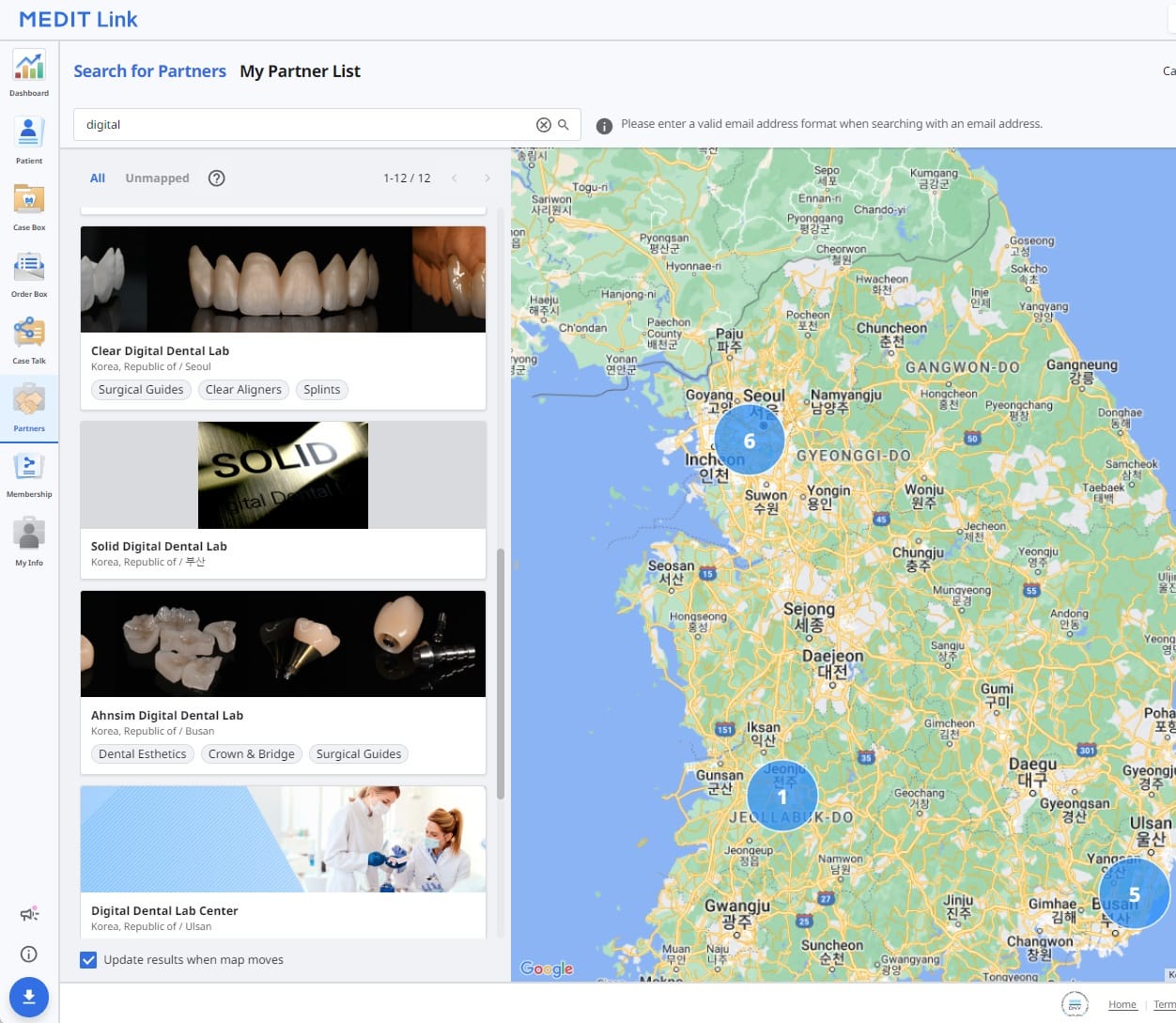 Medit Link Web Partners page with the search field, example lab listings, and a location map.