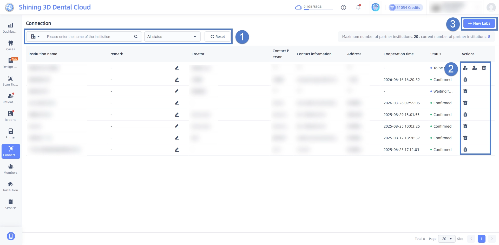Shining 3D Dental Cloud Connection page with the New Labs button, institution search, and connection status column.